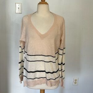 Enza Costa Cashmere Top V-neck Striped Lightweight‎ Sweater Size L